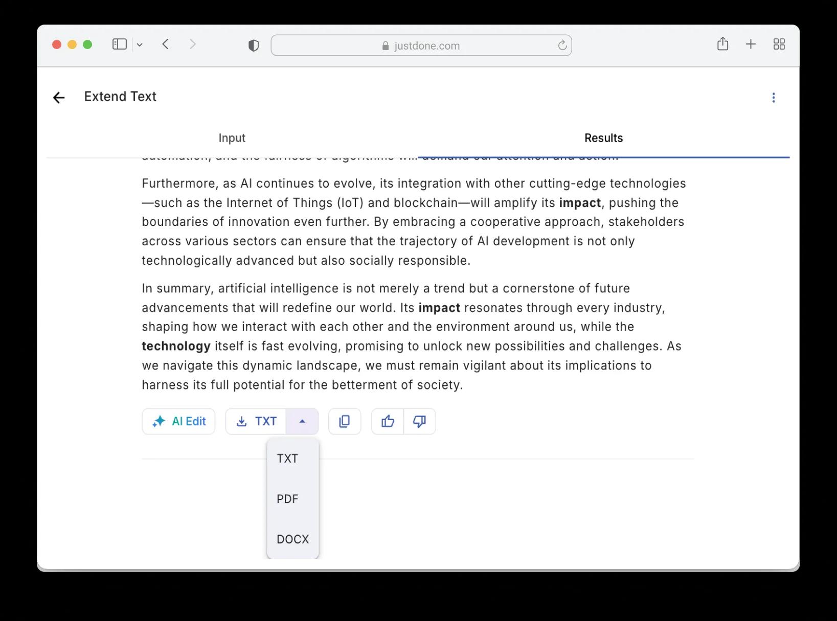 Export expanded text as TXT, PDF, or DOCX in JustDone