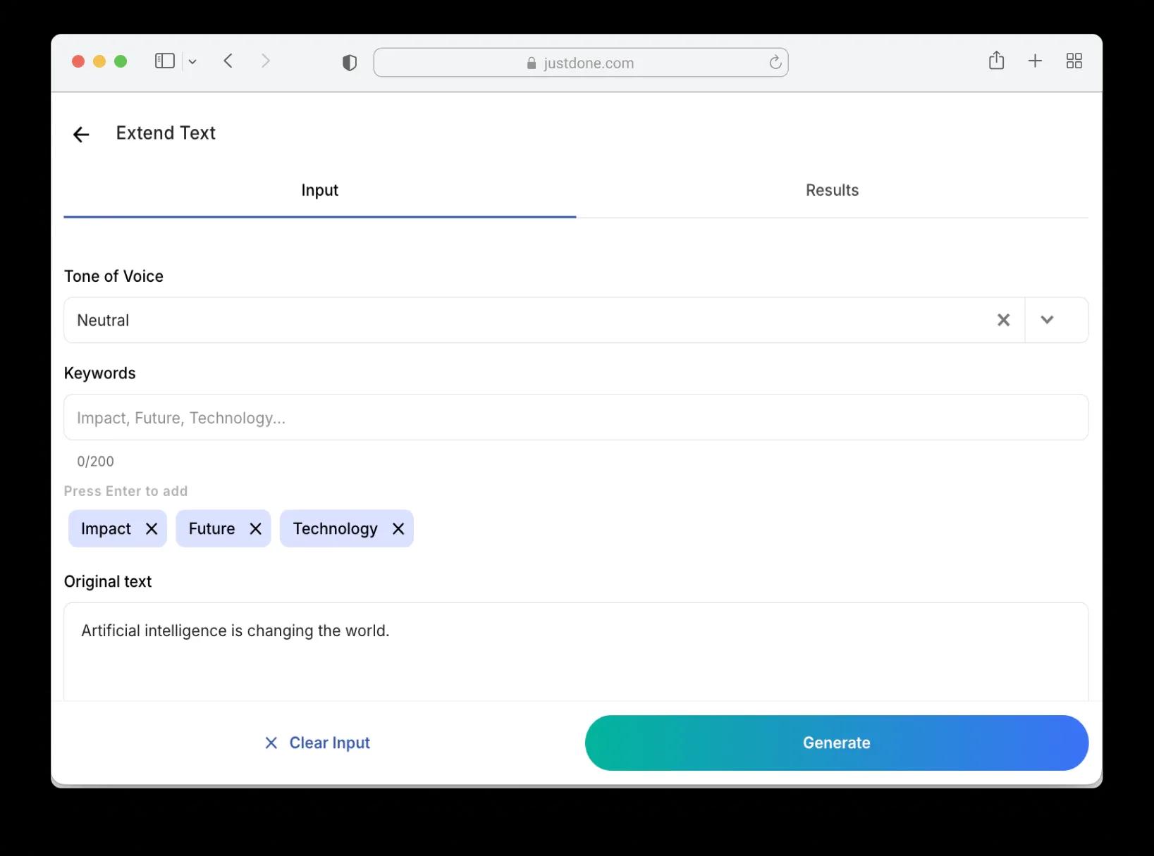 Enter specific text input to make text longer without filler