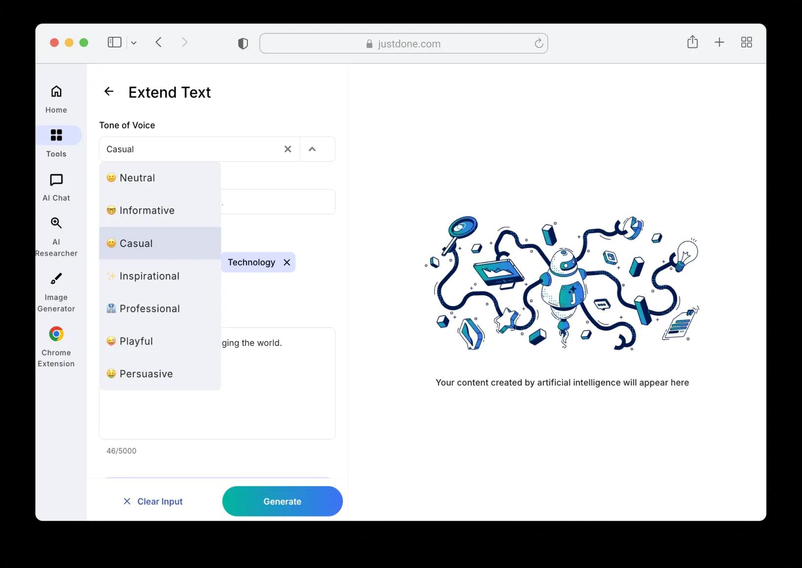 Select tone of voice for text expansion