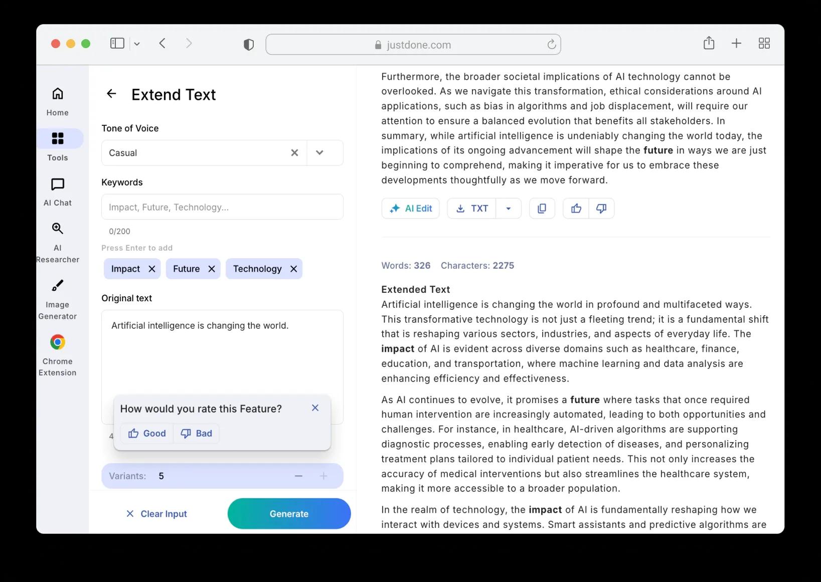 Unlimited text expansions with no daily caps in JustDone AI text expander