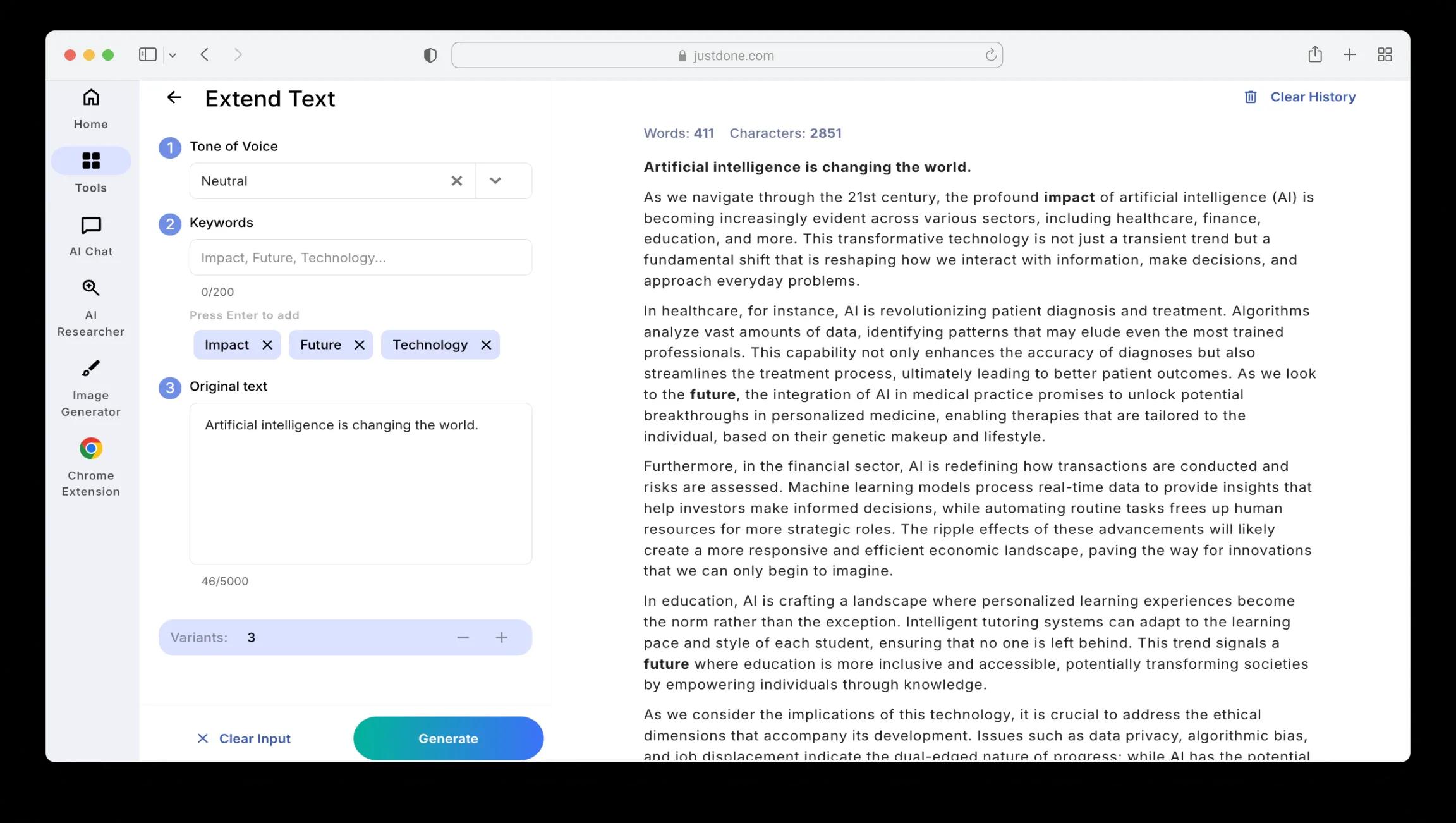 AI text expander result showing expanded paragraph with added details and examples